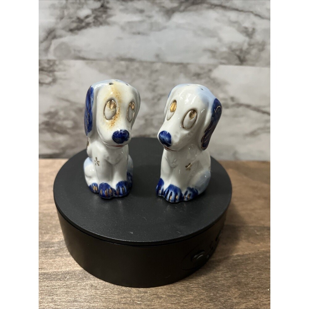 Vintage Droopy / Sad Eyed  Dog SALT & PEPPER SHAKERS Blue & White Gold Trim